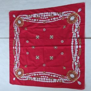 Vintage Avon Gold Tone Chain Pearl Print Square Scarf Red White